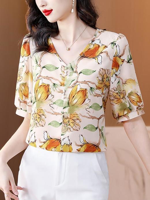 SMZ7697 夏季短袖印花雪纺衫女2023新款妈妈夏装洋气显瘦上衣气质女士小衫 商品图2