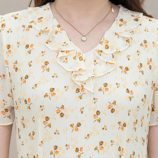 QYM 64B806-L假两件印花拼接雪纺裙V领时尚连衣裙 商品图3