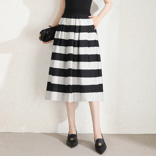 条纹拼接中长款简约修身时尚A字裙夏款松紧腰休闲半身裙MYX-88812 商品图0