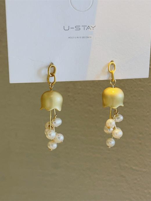 淡水真珍珠 925银针小众设计哑金电镀耳环铃兰花朵清新甜美百搭 商品图3