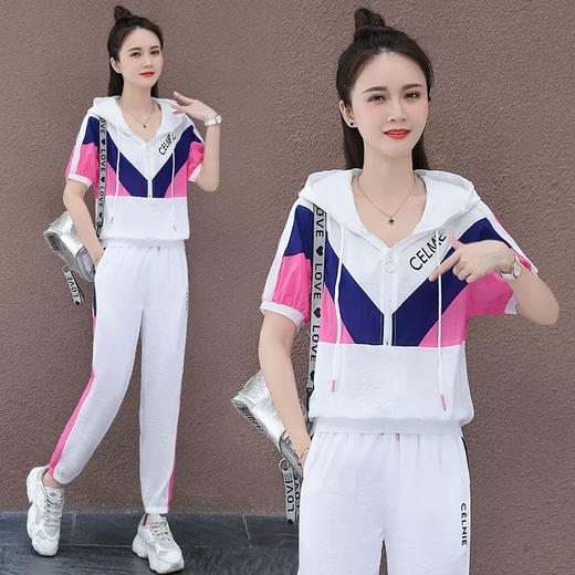 时尚洋气，拼色连帽运动休闲套装女夏季新款宽松显瘦长裤两件套QB-THF9962 商品图3