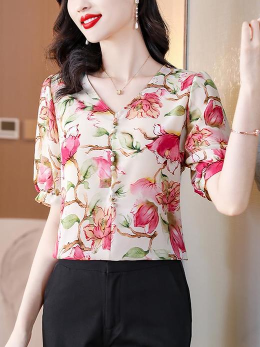 SMZ7697 夏季短袖印花雪纺衫女2023新款妈妈夏装洋气显瘦上衣气质女士小衫 商品图1