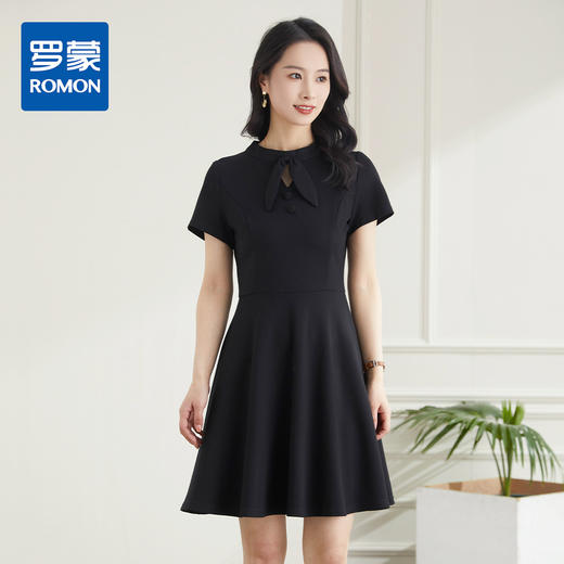 罗蒙夏季女装短袖连衣裙女士修身显瘦蝴蝶结装饰领通勤百搭休闲连衣裙 商品图0