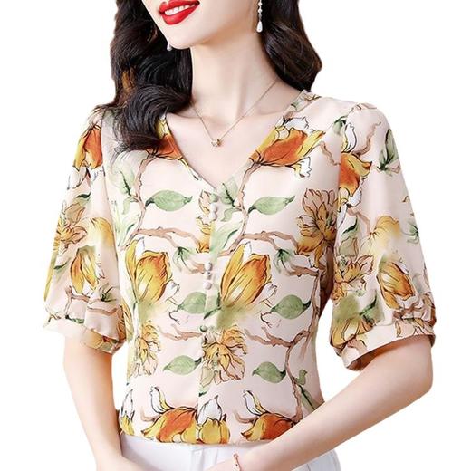 SMZ7697 夏季短袖印花雪纺衫女2023新款妈妈夏装洋气显瘦上衣气质女士小衫 商品图4