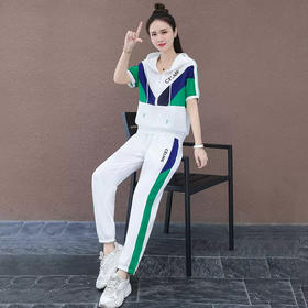 时尚洋气，拼色连帽运动休闲套装女夏季新款宽松显瘦长裤两件套QB-THF9962