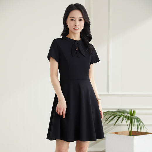 罗蒙夏季女装短袖连衣裙女士修身显瘦蝴蝶结装饰领通勤百搭休闲连衣裙 商品图6