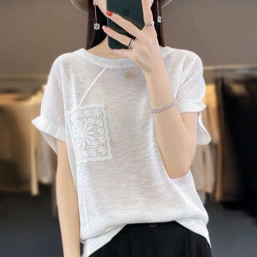 QHJY-JYA02351冰丝薄款绣花针织衫女23新款时尚短袖打底衫毛衣针织衫女上衣 商品图5