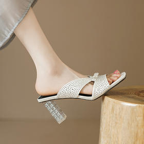 夏季新款，水钻丝绸水晶粗跟气质凉拖YLY-A2003