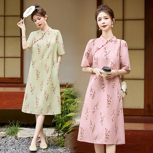 HR GJC2365气质时尚复古印花遮肉显瘦透气单排扣连衣裙 商品图0