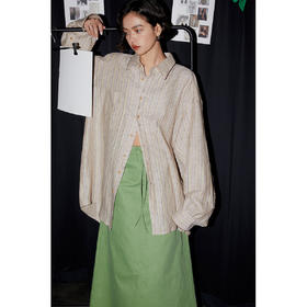 晶咕黑标女装 条纹亚麻衬衫外套女2023新款长袖宽松气质休闲上衣