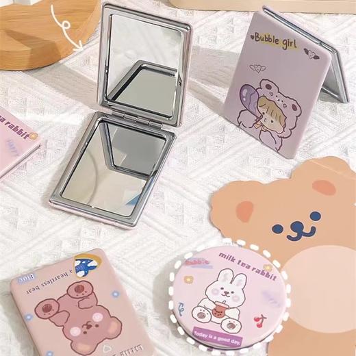 折叠双面化妆镜可爱PU迷你小镜子化妆镜随身便携梳妆镜女学生带翻盖式创意迷你小号双面圆镜方镜 商品图1