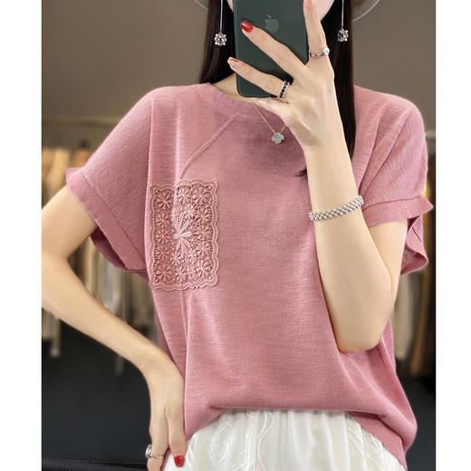 QHJY-JYA02351冰丝薄款绣花针织衫女23新款时尚短袖打底衫毛衣针织衫女上衣 商品图6