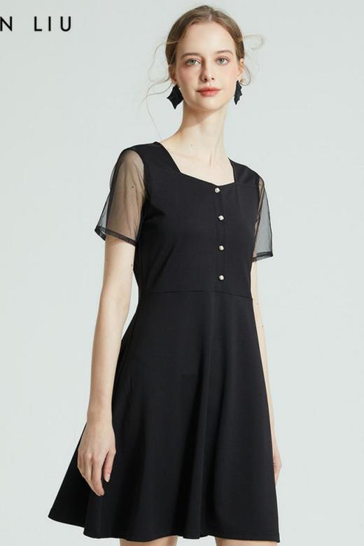 VIVIAN LIU R2327407春新款女装方领网纱袖修身优雅高级连衣裙 商品图5