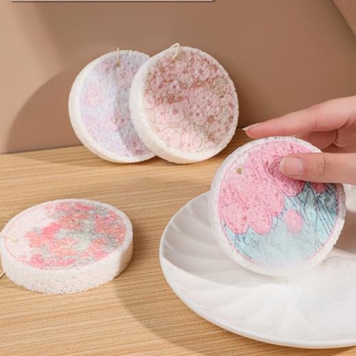 【遇水膨胀 秒变柔软！木棉纤维海绵擦抹布洗碗器】吸水性强湿水柔韧，不易粘油起泡丰富，木浆棉海绵擦压缩木桨海棉刷锅圆形花朵厨房粉丝专属特价清仓 商品图0