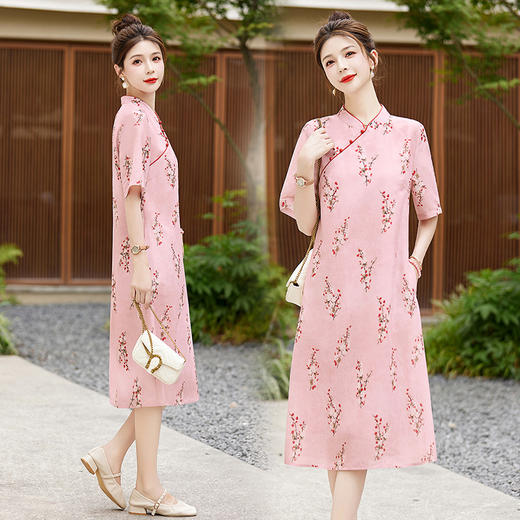 HR GJC2365气质时尚复古印花遮肉显瘦透气单排扣连衣裙 商品图3
