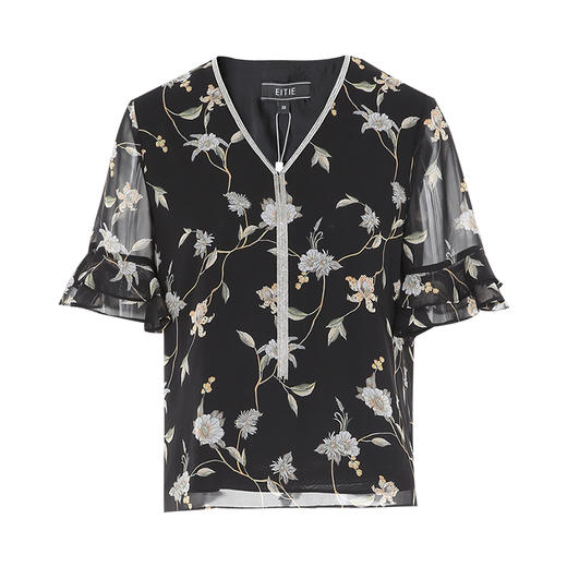 EITIE爱特爱复古法式优雅印花V领直筒短袖雪纺上衣显瘦夏季新款B13126 商品图5
