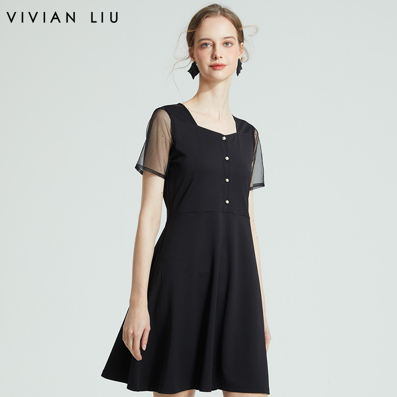 VIVIAN LIU R2327407春新款女装方领网纱袖修身优雅高级连衣裙