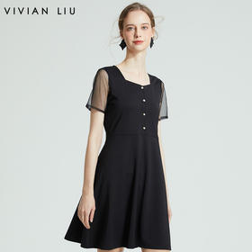 VIVIAN LIU R2327407春新款女装方领网纱袖修身优雅高级连衣裙