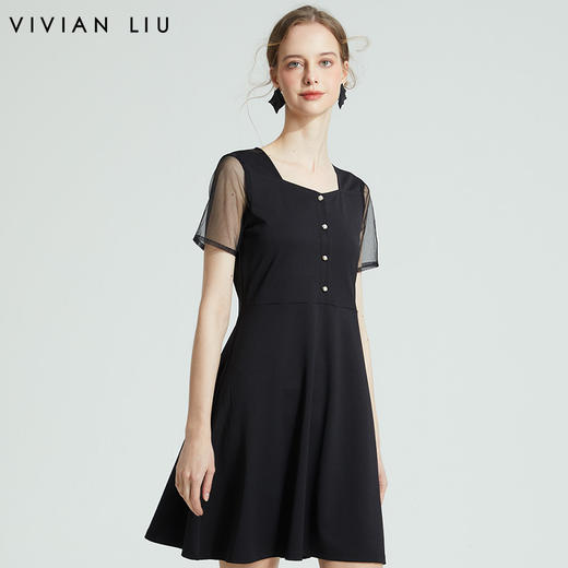VIVIAN LIU R2327407春新款女装方领网纱袖修身优雅高级连衣裙 商品图0