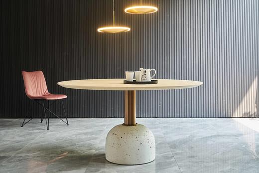 蘑菇餐桌 | 台面橡黑/水洗白/胡原/卡拉白大理石/黑白根大理石/寒江雪岩板可选，底座黑芝麻水磨石/浅白水磨石可选，立柱玫瑰亮光金色/亮光枪墨色可选，详询客服 商品图7