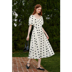 【严选】诗凡黎夏波点图案俏皮百搭背后撞色蝴蝶结连衣裙7E5393061