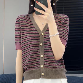 QHJY-JYA023185春夏中袖V领针织开衫上衣美丽诺羊毛修身薄款短袖打底衫女