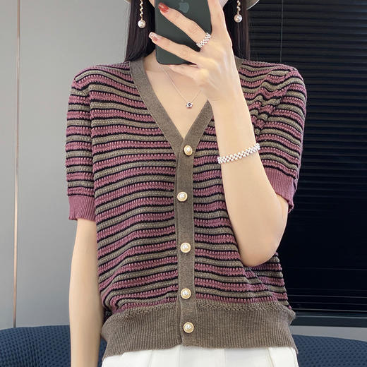 QHJY-JYA023185春夏中袖V领针织开衫上衣美丽诺羊毛修身薄款短袖打底衫女 商品图0