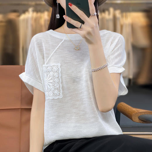 QHJY-JYA02351冰丝薄款绣花针织衫女23新款时尚短袖打底衫毛衣针织衫女上衣 商品图1