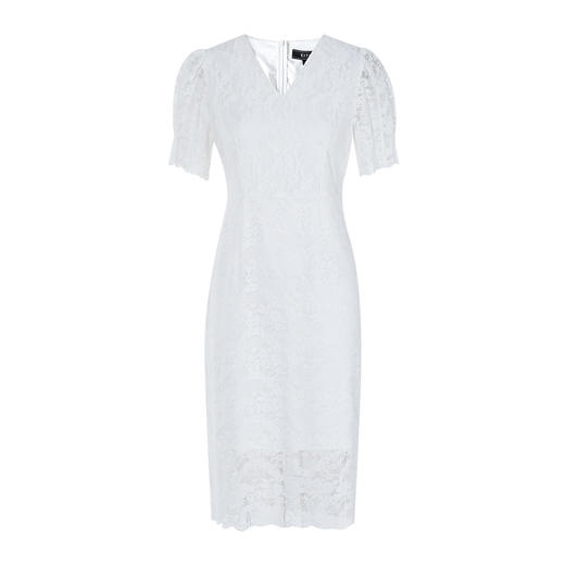 EITIE爱特爱法式泡泡袖V领白色收腰蕾丝连衣裙显瘦优雅夏新款B07148 商品图5