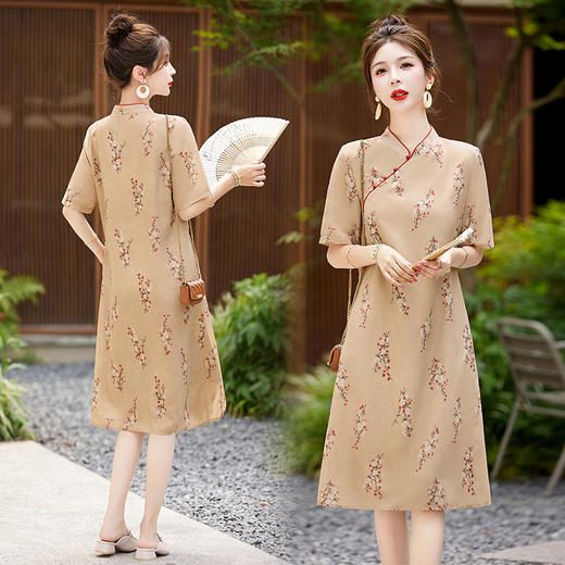 HR GJC2365气质时尚复古印花遮肉显瘦透气单排扣连衣裙 商品图1