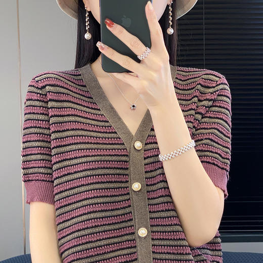 QHJY-JYA023185春夏中袖V领针织开衫上衣美丽诺羊毛修身薄款短袖打底衫女 商品图1