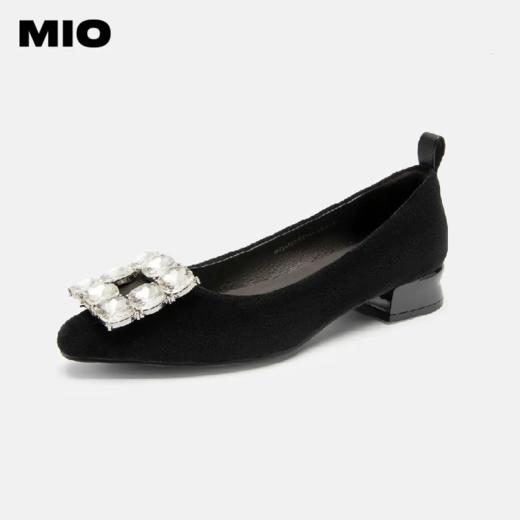 MIO米奥春秋女鞋中跟一脚蹬单鞋通勤工作鞋方钻小皮鞋黑色浅口鞋M234432402 商品图0