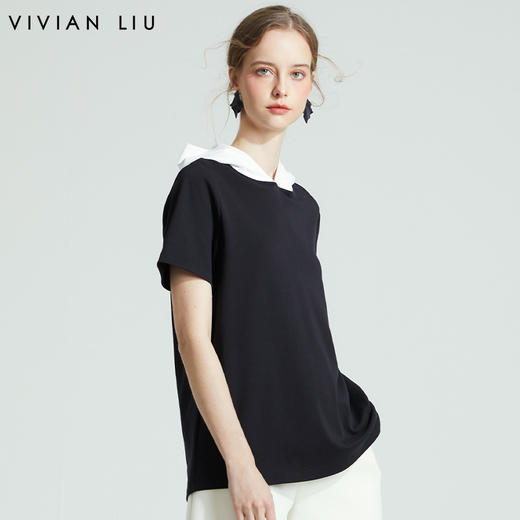 VIVIAN LIU R2337306夏女装新款连帽休闲宽松半袖针织上衣 商品图0
