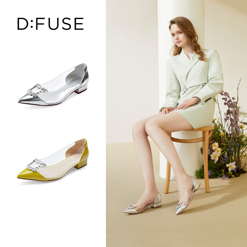 D:FUSE/迪芙斯秋季新品透明方形钻扣尖头平底单鞋DF31111156