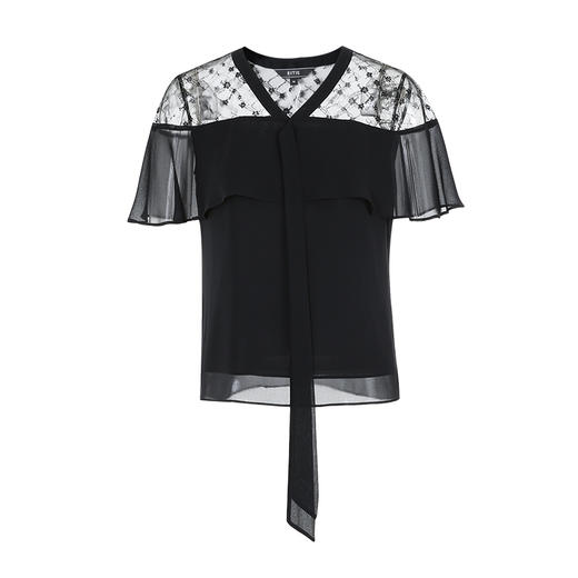 EITIE爱特爱优雅V领一字肩网纱荷叶边黑色上衣显瘦时尚夏季新款B13118 商品图5