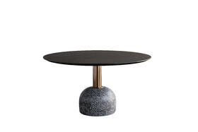 蘑菇餐桌 | 台面橡黑/水洗白/胡原/卡拉白大理石/黑白根大理石/寒江雪岩板可选，底座黑芝麻水磨石/浅白水磨石可选，立柱玫瑰亮光金色/亮光枪墨色可选，详询客服