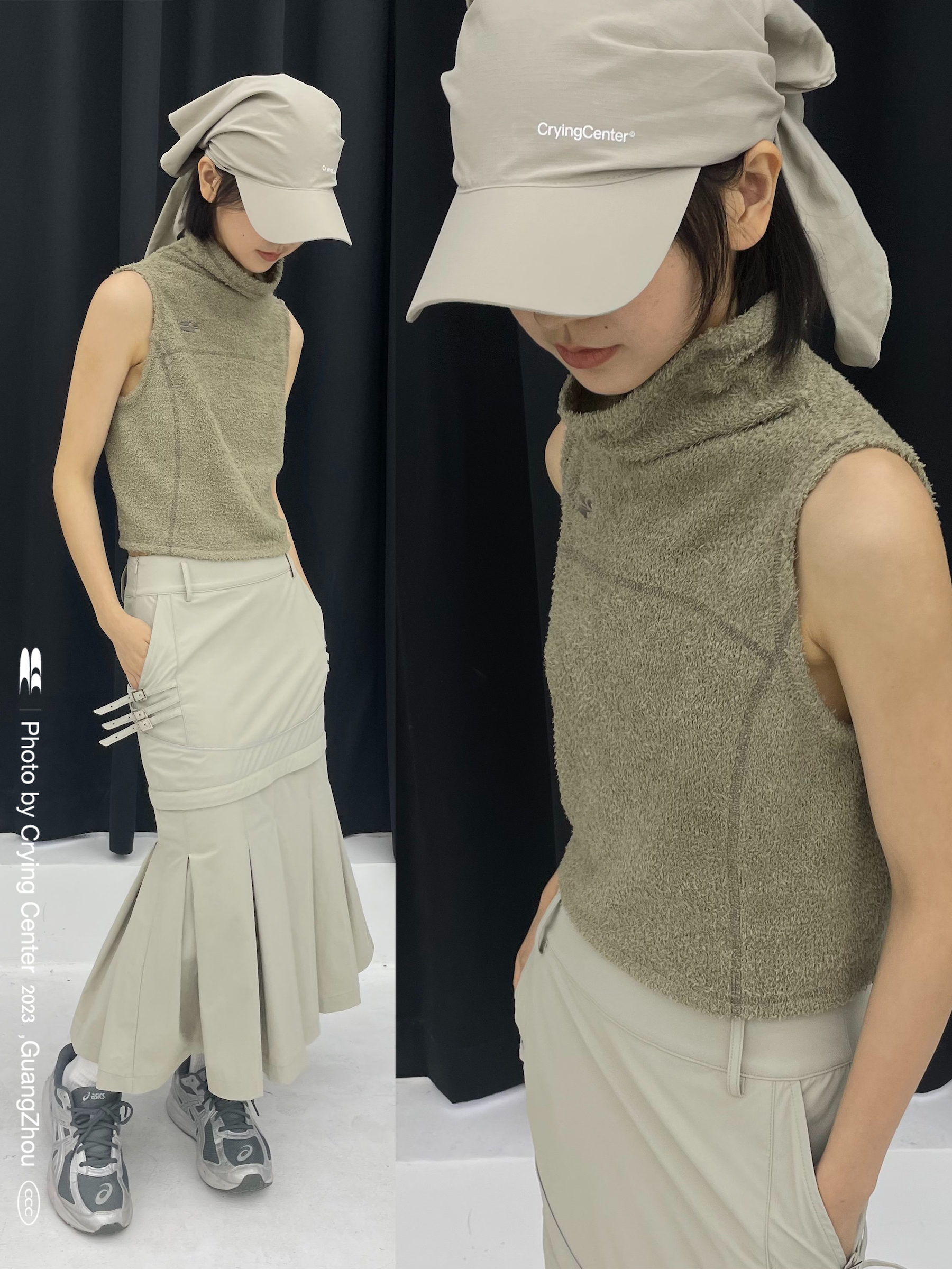 CryingCenter 卡其绿绒感小高领背心超短热裤运动套装 哭喊中心