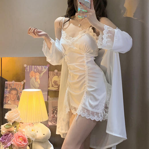 夏纯欲风情趣睡衣女性感蕾丝吊带睡袍睡裙两件套家居服带胸垫 商品图0