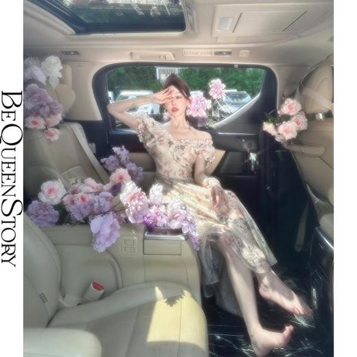 BeQueenStory【午后甜茶】甜美高贵V领短袖收腰长款连衣裙2023女 商品图2