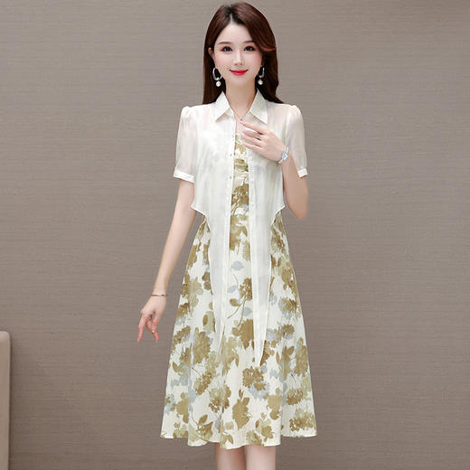 夏季新款，假两件印花裙中长款短袖裙时尚气质女装连衣裙QYM-YX-ZR23091-Y 商品图5
