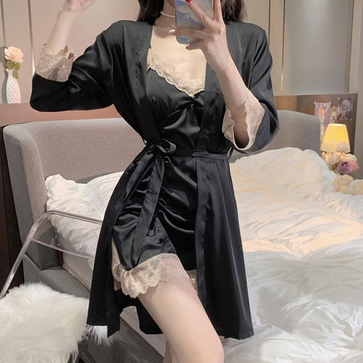 夏纯欲风情趣睡衣女性感蕾丝吊带睡袍睡裙两件套家居服带胸垫 商品图5