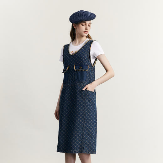 谜底复古A型牛仔连衣裙无袖2023秋新款小香风提花背心裙233ML0976 商品图1