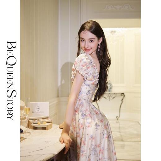 BeQueenStory【午后甜茶】甜美高贵V领短袖收腰长款连衣裙2023女 商品图3