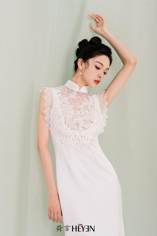 荷言HEYEN 海上月明 白色蕾丝新娘旗袍 商品图1