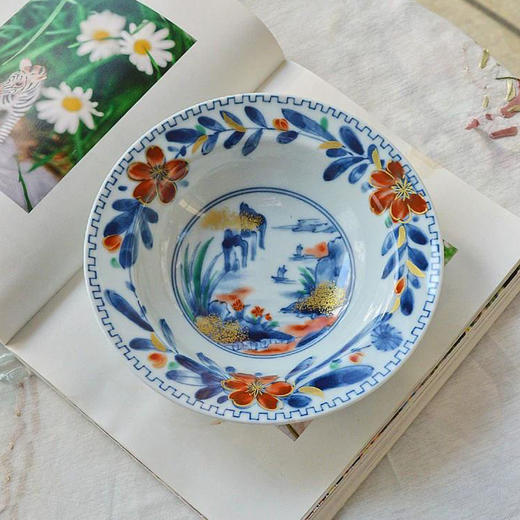 日本进口美浓烧和蓝陶瓷古伊万里花浪漫5入盘家用炒菜盘子斗笠形深盘乔迁礼物 商品图5