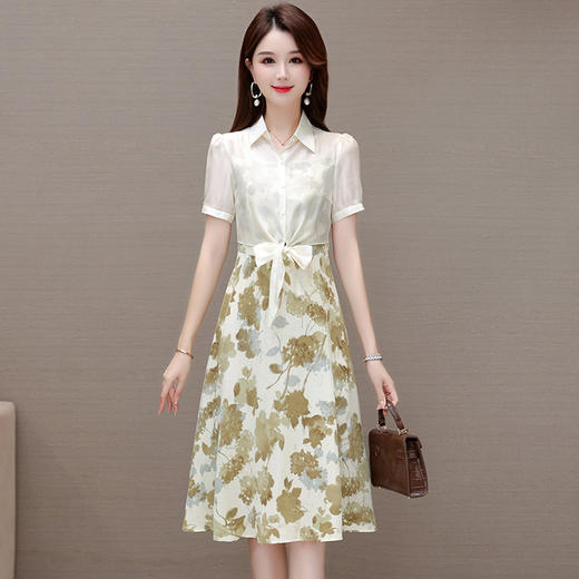 夏季新款，假两件印花裙中长款短袖裙时尚气质女装连衣裙QYM-YX-ZR23091-Y 商品图0