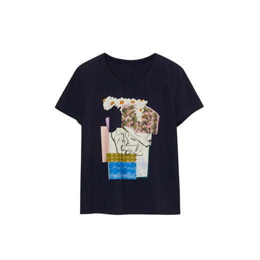 谜底原创图案印花T恤短袖女2023秋新款圆领合体套头上衣233MT1069 商品图4