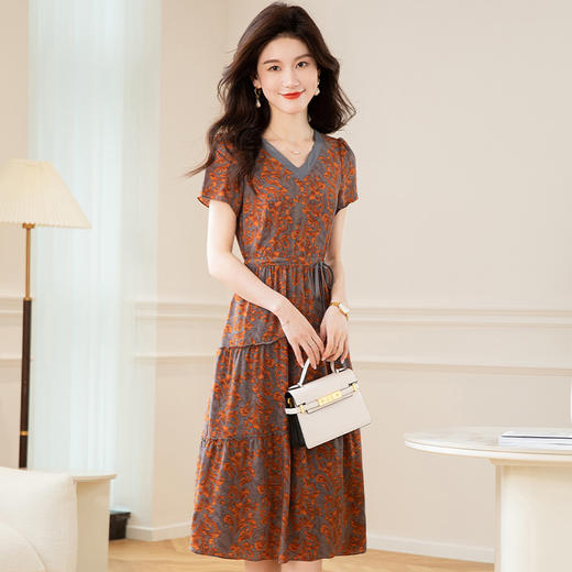 时尚气质，夏季新款短袖裙妈妈半系带收腰中长印花连衣裙QYM-TB-CY1390-Y 商品图1