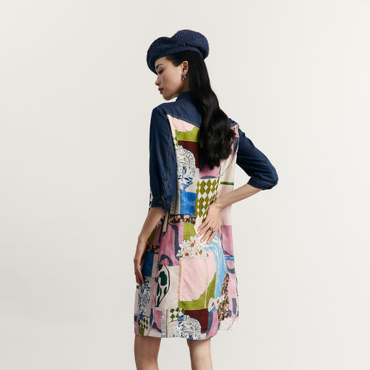 谜底复古牛仔拼接连衣裙2023秋款宽松H型主题花色中长裙233ML1061 商品图2