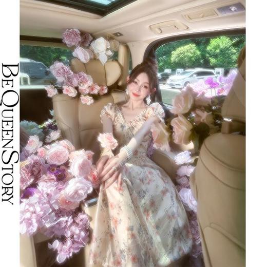 BeQueenStory【午后甜茶】甜美高贵V领短袖收腰长款连衣裙2023女 商品图0